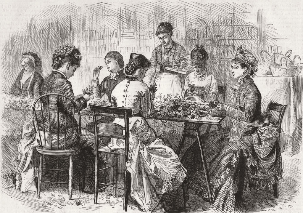 NEW YORK. A flower mission in. Making up Bouquets for Hospitals & Prisons 1877